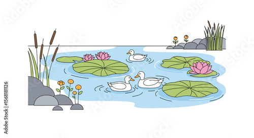 Adorable Duck Family Glides Gracefully Across a Serene Lily Pond Surrounded by Lush Greenery and Gentle Ripples