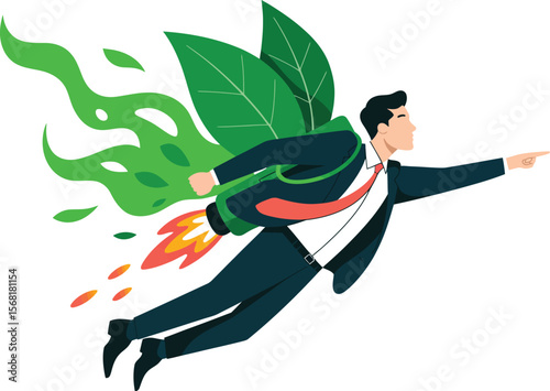 Eco Friendly Business Growth Businessman Flying with Leaf Rocket Pack ai generated vector