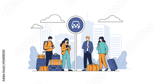 People Waiting For Transportation Service In A City Environment With Luggage