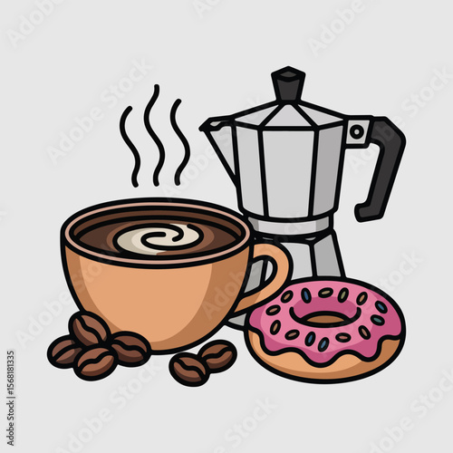 Hot coffee cup with a donut and a moka pot.
