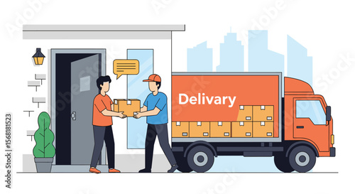 Man Handing Package to Customer Outside House With Delivery Truck Behind