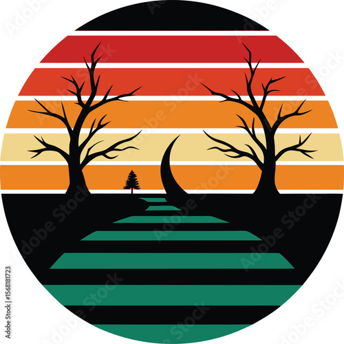Haunted forest path silhouette on retro vintage striped sunset  