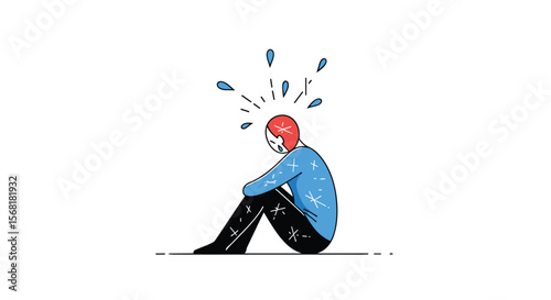 Depressed Person Sitting Alone Feeling Sadness Stress and Anxiety with Water Droplets Above Head PNG Transparent Background Isolated