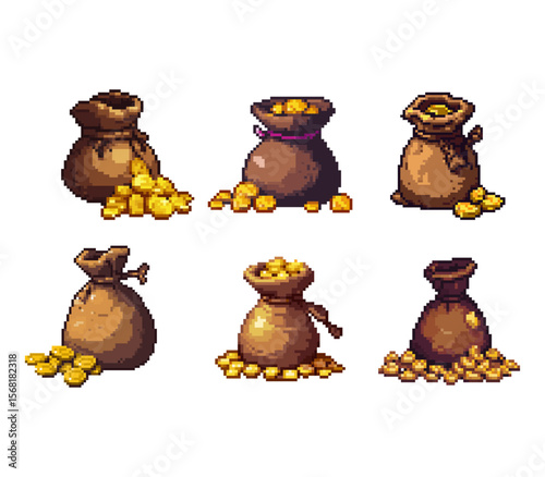 Pixel Art Gold Coin Sacks Collection, Treasure and Reward Icons. Collection of six distinct pixel art sacks filled with glittering gold coins pixel art.