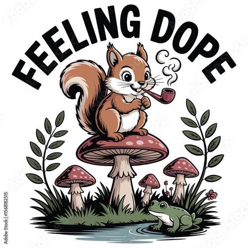 Cute cartoon squirrel smoking a pipe on a mushroom with a frog nearby T  SHIRT  BANNER POSTER. Transparent png vector illustrator.