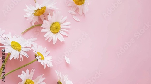 A minimal - styled concept with white daisy chamomile flowers placed on a pale pink background. The pure white petals of the daisies contrast beautifully with the soft, gentle pink backdrop, creating 