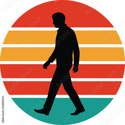 Headless figure walking silhouette on retro vintage striped sunset  