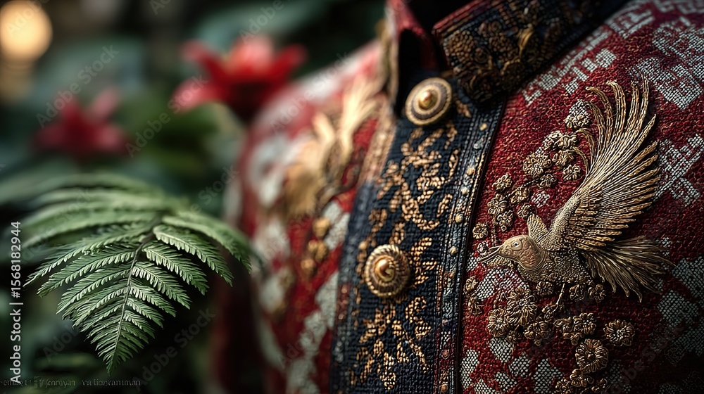 Obraz premium Red-and-white woven kebaya fabric with gold embroidery, warm sunlight illuminating intricate details, tropical foliage softly blurred.