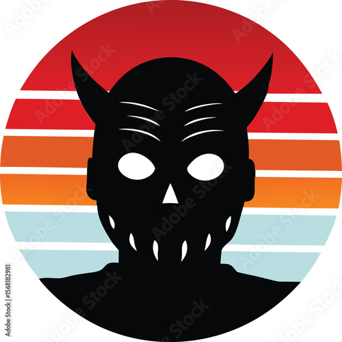 Horror mask silhouette on retro vintage striped sunset  