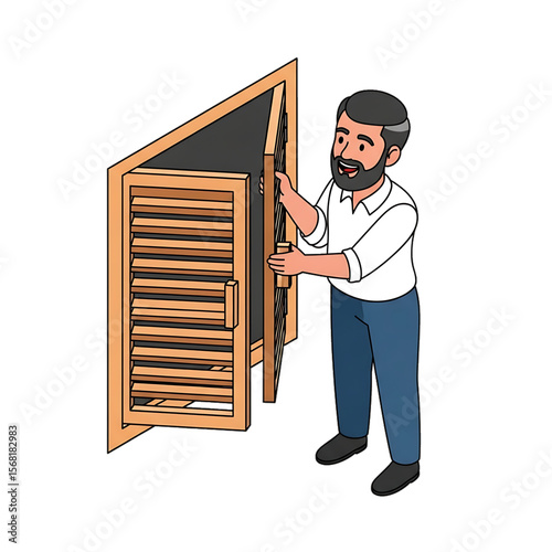 Man installing wooden shutters at a house.