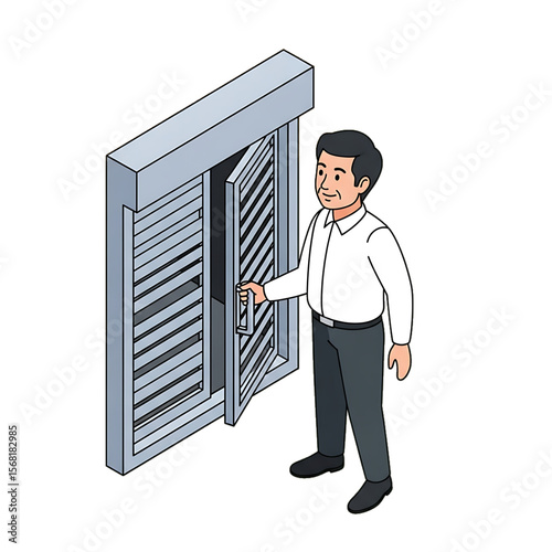 Man installing wooden shutters at a house.