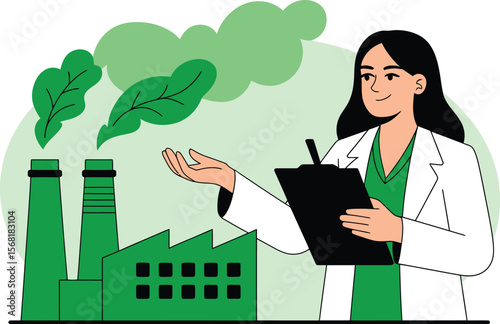 Scientist analyzing green factory emissions with plant leaves promoting environmental sustainability ai generated vector