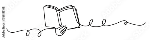 continuous line art of someone reading a book. vector illustration of a hand holding a book. Learning concept
