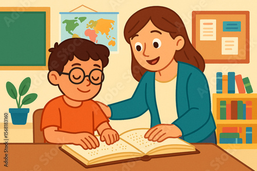 Young Boy with Visual Impairment Reading Braille with Teacher – Educational Vector Illustration