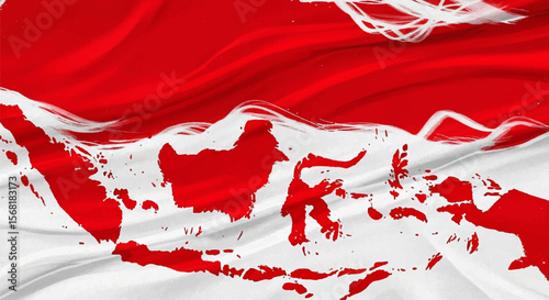 Abstract digital painting in vivid red and white, symbolizing Indonesia's Independence Day. Swirling brushstrokes and subtle fabric textures convey energy, pride, and modern patriotism.