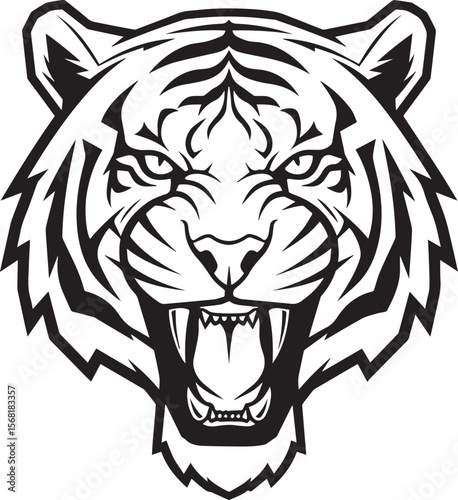 A single-color vector logo of a roaring tiger head in geometric style.eps