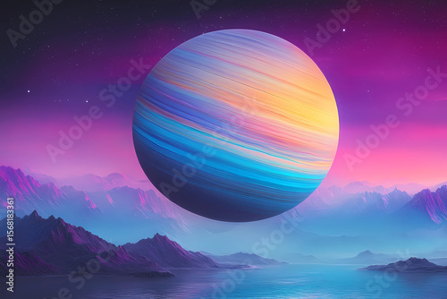 Fantasy landscape with large planet visible in colorful sky, surreal scenery with mountains and glowing celestial body