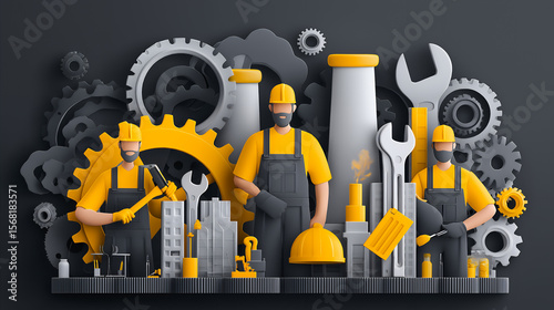 Three cartoon workers in yellow shirts with tools and gears on a gray background illustration
