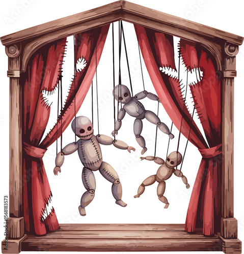 puppet theater dollhouse with torn curtains Halloween festival illustration premium quality