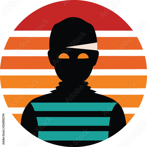 Mummy silhouette on retro vintage striped sunset  
