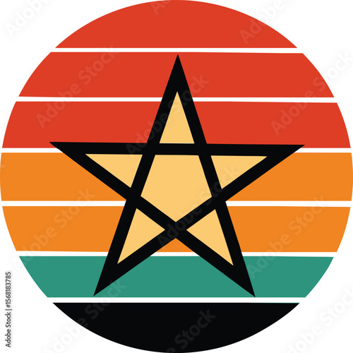 Pentagram symbol silhouette on retro vintage striped sunset  