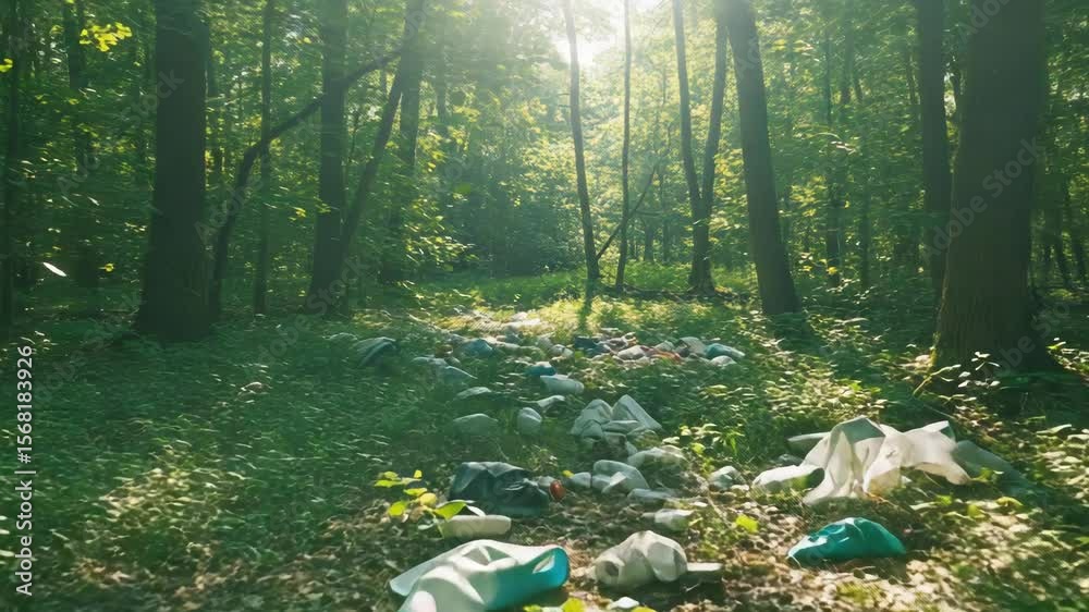 Trash littering a forest path under sunlight in a green environment  