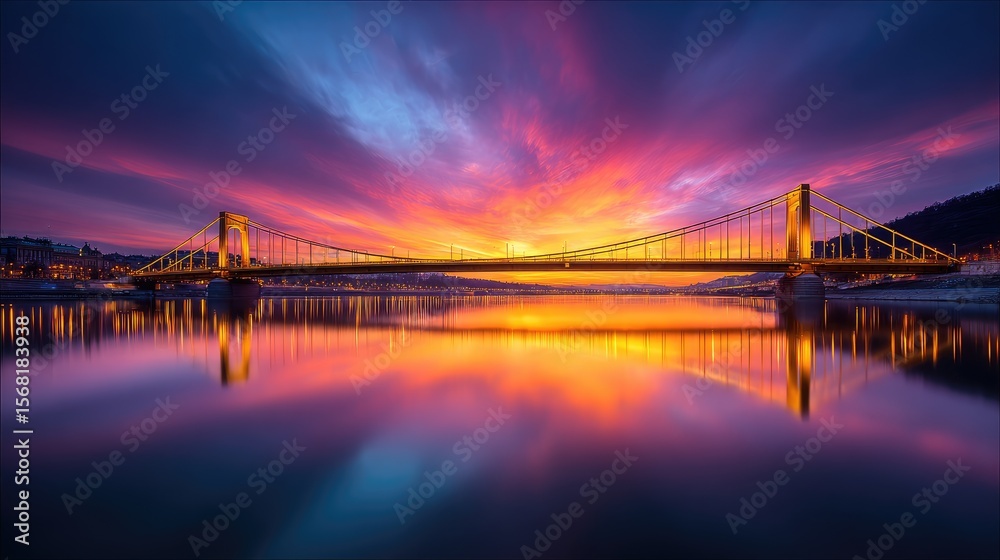 Fototapeta premium A magnificent suspension bridge spans a calm river at sunrise.