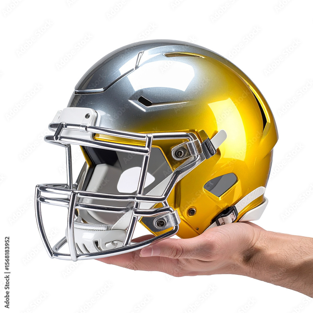 Fototapeta premium Gold and silver football helmet held in hand against black background