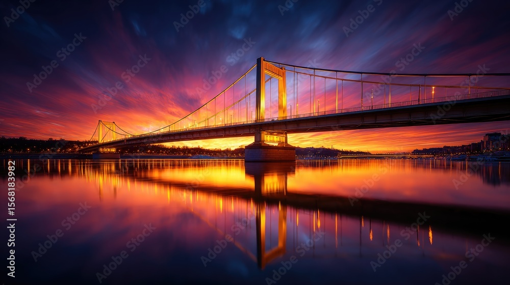 Obraz premium A vibrant suspension bridge at sunrise over calm water.
