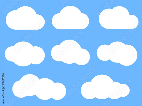 Set of flat white clouds, isolated on blue background