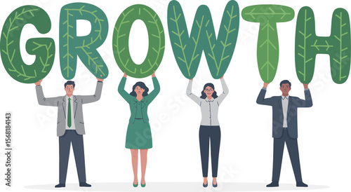 Teamwork Holding Up Green Growth Letters for Business Success Concept ai generated vector