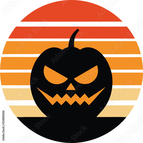 Pumpkin with evil face silhouette on retro vintage striped sunset  
