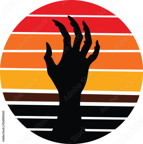 Scary hand silhouette on retro vintage striped sunset