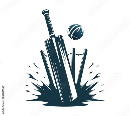 Cricket Sport Illustrations Set: Vector graphics of a bat, ball, and wicket in both a clean On White background