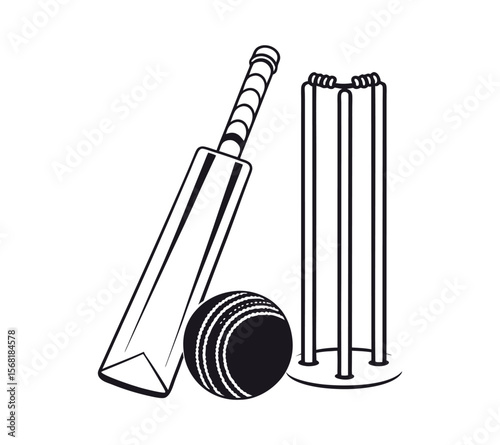 A line art illustration of a bat, ball, and stumps, paired with a dynamic action silhouette for sports emblems on white background