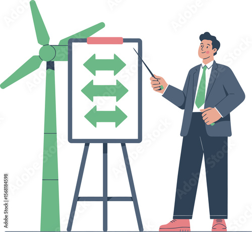 Wind Energy Presentation with Arrows and a Businessman Presenting Data ai generated vector