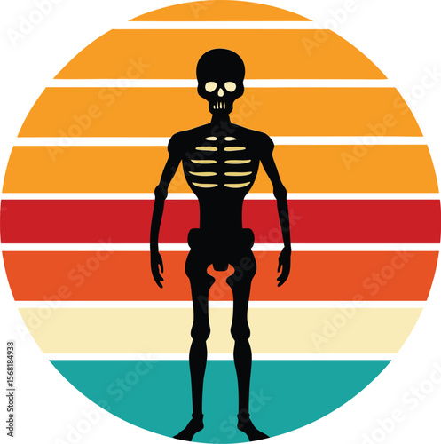 Skeleton silhouette on retro vintage striped sunset