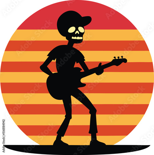 Skeleton playing guitar silhouette on retro vintage striped sunset