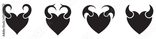 Horned Devil Heart Silhouette Icon Set