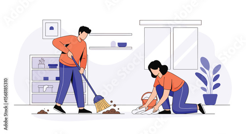 Two People Cleaning a Room Together Sweeping and Picking Up Debris Illustration