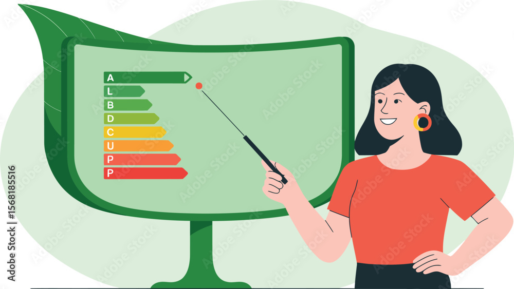 Fototapeta premium Woman Presenting Energy Efficiency Rating on Leaf Shaped Screen with Pointer ai generated vector