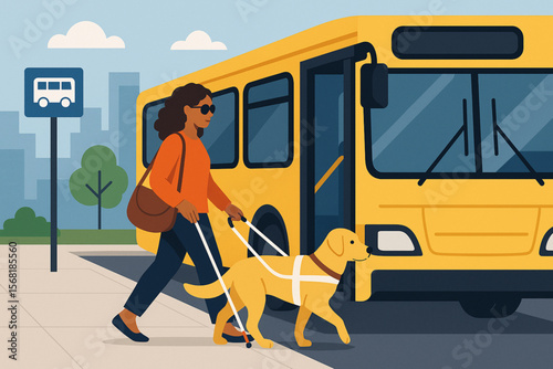 Woman with Guide Dog Boarding City Bus – Inclusive Urban Flat Vector Illustration