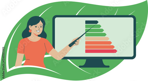 Woman Presenting Energy Efficiency Rating on Monitor Surrounded by Green Leaf ai generated vector