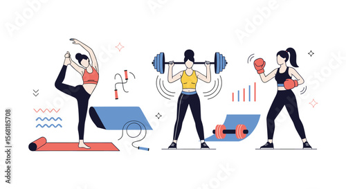 Illustration of Women Practicing Yoga Weightlifting and Boxing for Fitness and Health