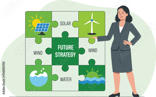 Woman Presenting Renewable Energy Puzzle for Future Strategy and Sustainability ai generated vector