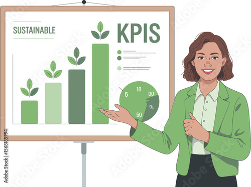 Woman Presenting Sustainable Business KPIs with Charts and Graphs on Whiteboard ai generated vector