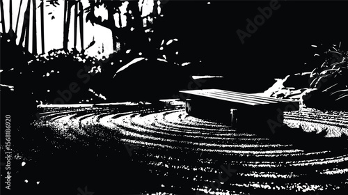 Serene Zen Garden: Vector Illustration, Black Ink Style, Tranquil Mood