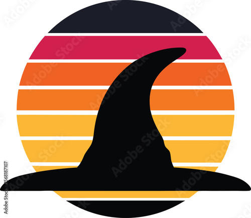 Witch hat silhouette on retro vintage striped sunset