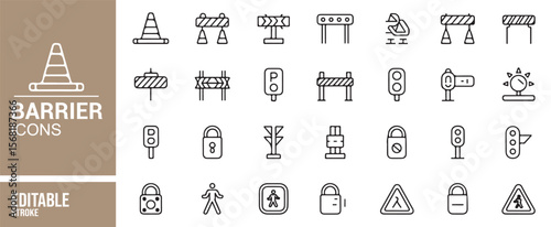 Black Line Art Barrier Icons for Safety, Traffic, and Roadwork Illustrations