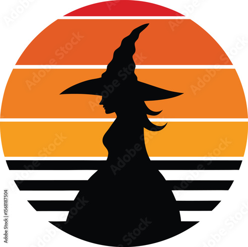Witch silhouette on retro vintage striped sunset